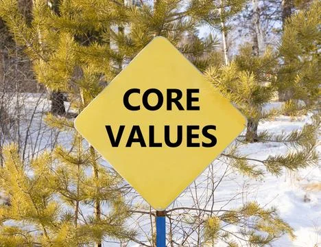 Core values symbol. Concept words Core values on beautiful yellow road sign.. Stock Photos