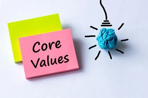The Core Values text on colored sticky notes next to the light bulb icon, C.. 스톡 사진