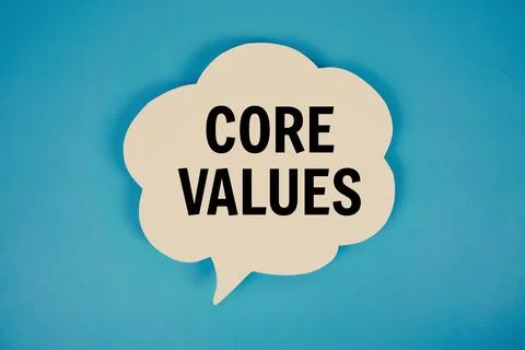Core Values text with speech bubble top view on blue background Stock Photos