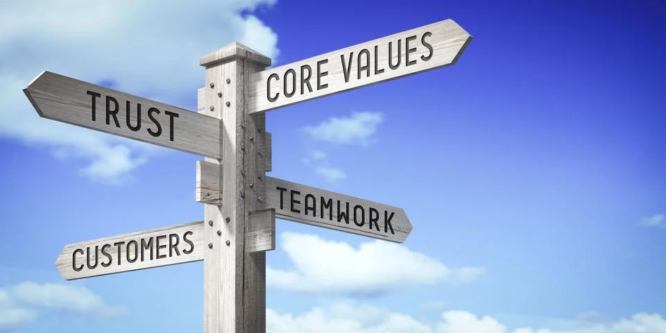Core Values, Trust, Teamwork, Customers - wooden signpost with four arrows .. Stock Illustration
