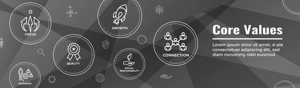 Core Values Web Header Banner image w Integrity, Mission, etc Icon Set Stock Illustration