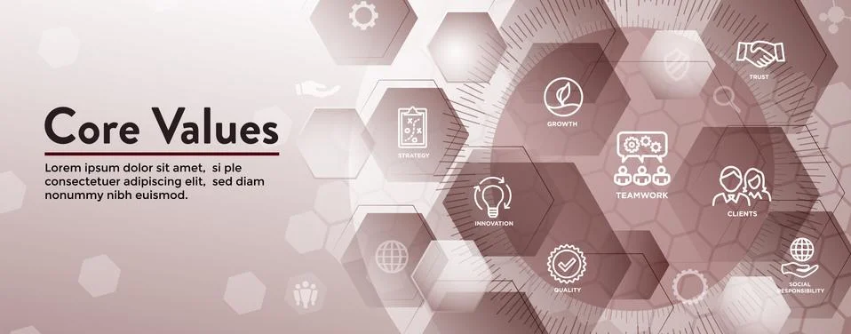 Core Values Web Header Banner image w Integrity, Mission, etc Icon Set Stock Illustration