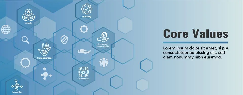 Core Values Web Header Banner image w Integrity, Mission, etc Icon Set Stock Illustration