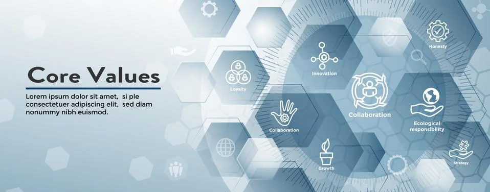 Core Values Web Header Banner image w Integrity, Mission, etc Icon Set Stock Illustration