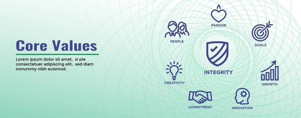 Core Values Web Header Banner image - Integrity, Mission, etc Icon Set Stock Illustration