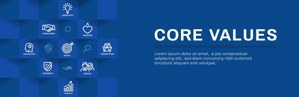 Core Values Web Header Banner w Integrity Mission and Vision Icons Stock Illustration