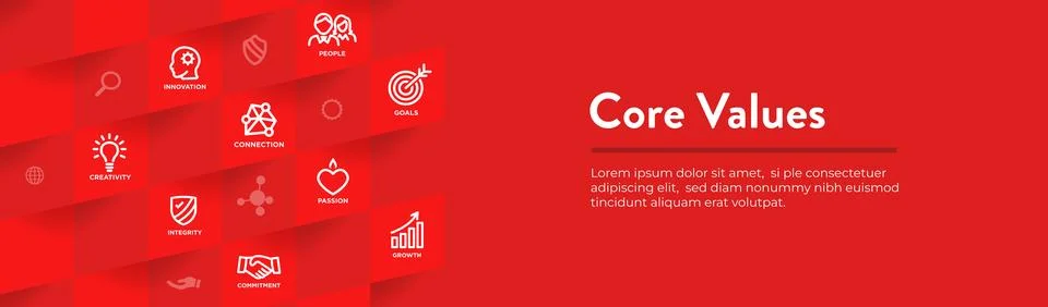 Core Values Web Header Banner w Integrity Mission and Vision Icons Stock Illustration