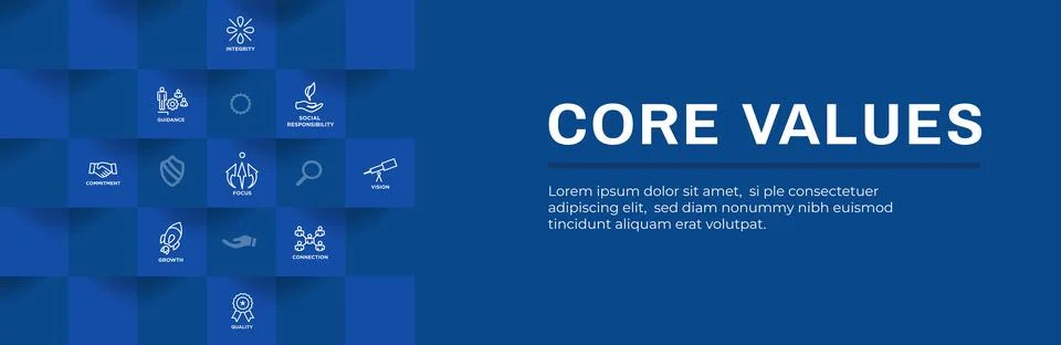 Core Values Web Header Banner w Integrity Mission and Vision Icons Illustrazione stock