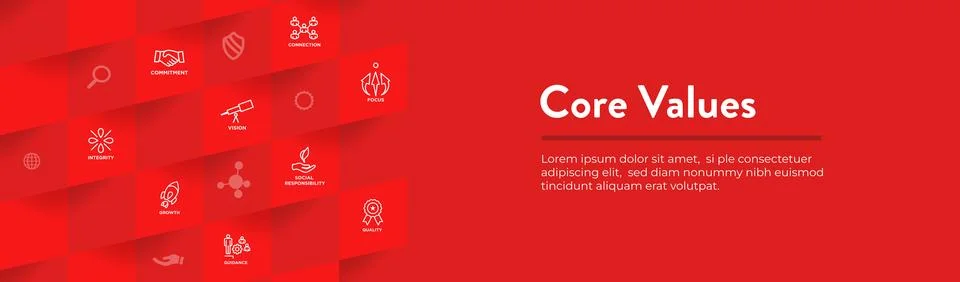Core Values Web Header Banner w Integrity Mission and Vision Icons Stock Illustration