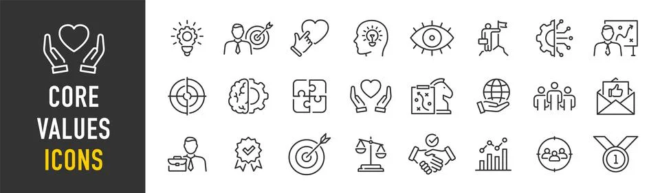 Core Values web icon set in line style. Innovation, integrity, customers, a.. Illustrazione stock