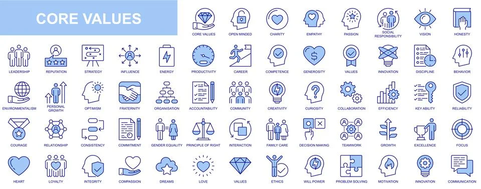 Core values web icons set in blue line design. Pack of charity, empathy, pa.. Stock Illustration