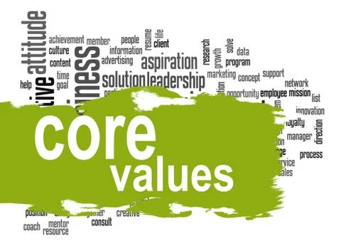 Core values word cloud with green banner Stock Illustration