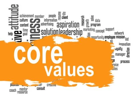 Core values word cloud with yellow banner Stock Illustration