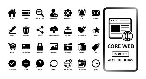 Core web solid icon set containing icons for home, menu, account, and setti.. 스톡 일러스트