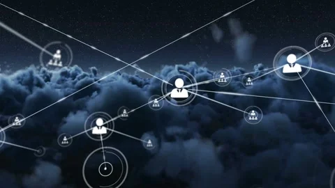 Core white icon sending 1st link above clouds HUD rings expanding business Stock Footage 330916982