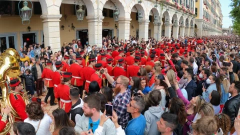 Corfu Easter Tradition Botides, Crowded Liston Square, Marching Band Red Stock Footage 326352078