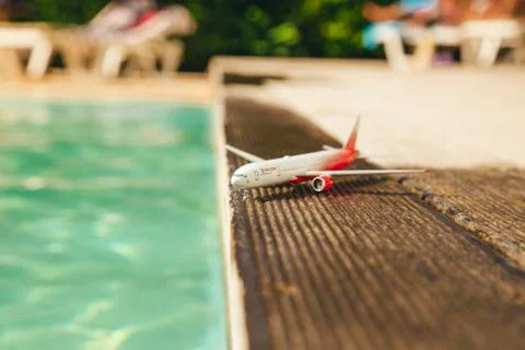 Corfu, Greece June 07, 2018 Rossiya airlines airplane model near the pool Stock Photos
