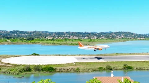 CORFU, GREECE – JUNE 2 2016: Kerkira Airport 4k video. Plane landing runway Stock Footage 66605350