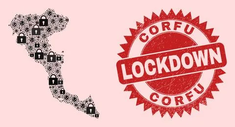 Corfu Island Map Collage with Locks and Viruses and Scratched Lockdown Stamp Stock Illustration