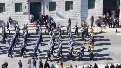 Corfu Philharmonic Marching Band Parade In Old Town Greece During Sunday Of Stock Footage 331619767