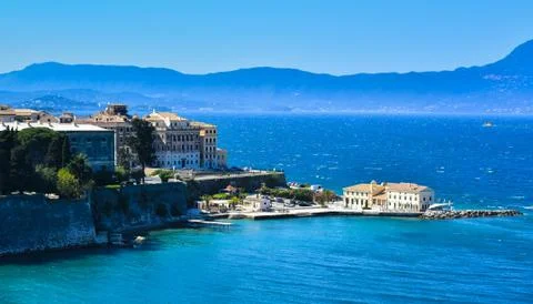 Corfu Town panoramic view from the old citadel venetian fortress to the new t Stock Photos