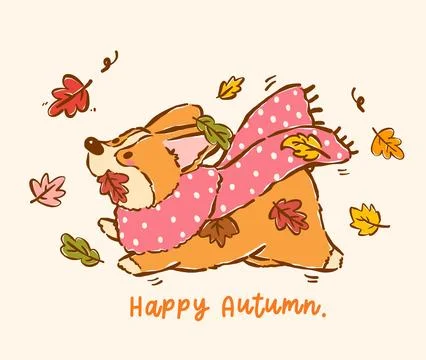 Corgi Autumn Chasing Fall Leaves Cute Dog Cartoon Hand Drawn Character Play.. Stock Illustration