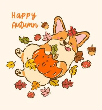 Corgi Autumn Fall with Pumpkin Cute Dog Cartoon Hand Drawn Character Playfu.. Stock Illustration