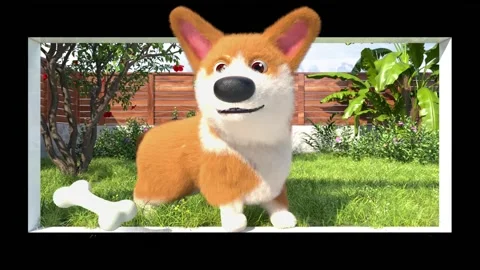 Corgi Dog Gnawing Bone Breaking Through Screen 3D Naked-Eye Yard Background 動画素材 331899357