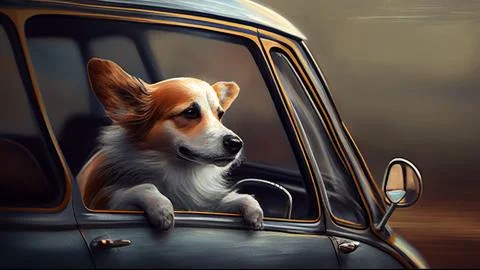 Corgi dog looking out the window of a vintage car. Stock Illustration