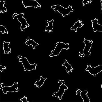 Corgi dogs in various poses. vector seamless pattern. Dark background Stock Illustration