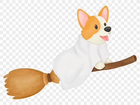 Corgi ghost dog flying on broom cute watercolor Halloween vector. Stock Illustration