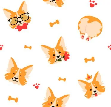 Corgi pattern. Seamless texture with cartoon puppy in different poses, funny Illustrazione stock