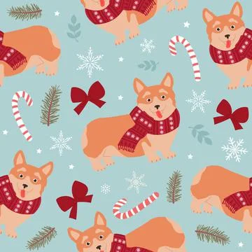 Corgi in a scarf with Christmas elements. Cute festive dogs seamless pattern. Stock Illustration