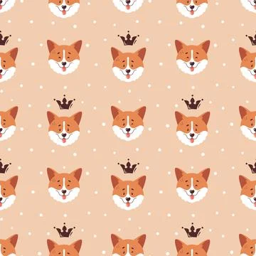 Corgi seamless pattern. Cute dog faces with crowns. Vector background. Stock Illustration