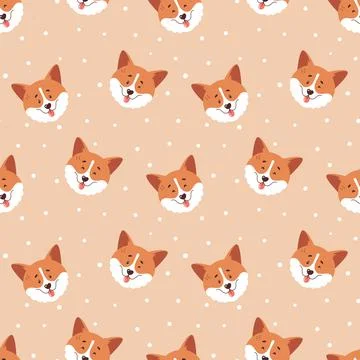 Corgi seamless pattern. Cute dog faces and polka dot background. Stock Illustration