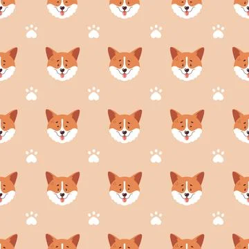 Corgi seamless pattern. Cute dog faces and paw prints. Vector. Stock Illustration