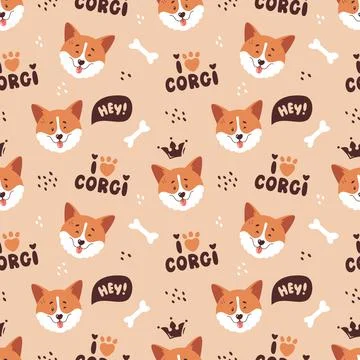 Corgi seamless pattern. Cute dog faces and letterings. Vector background. Stock Illustration
