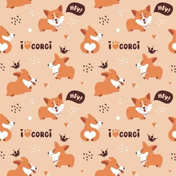 Corgi seamless pattern. Cute puppies background. Vector. Stock Illustration