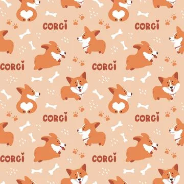 Corgi seamless pattern. Cute puppies background. Vector. Stock Illustration