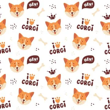 Corgi seamless pattern. Smiling dog faces and letterings. Vector background. Illustrazione stock