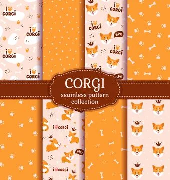 Corgi seamless patterns. Vector set with cute puppies. Illustrazione stock