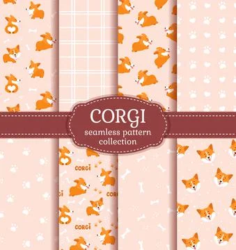 Corgi seamless patterns. Vector set with cute puppies. Illustrazione stock