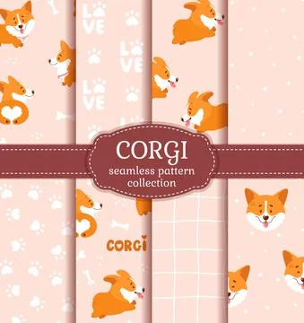 Corgi seamless patterns. Vector set with cute puppies. Illustrazione stock