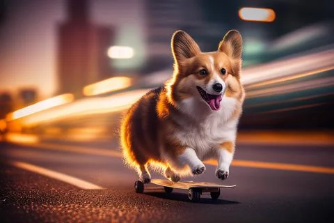 Corgi on a skateboard driving at high speed in the middle of the highway betw Stock Illustration