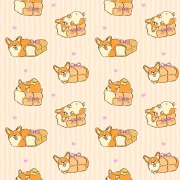 Corgi Sploot Bread Loaf Seamless Pattern Kawaii Dog Bakery Doodle Whimsical.. Illustrazione stock
