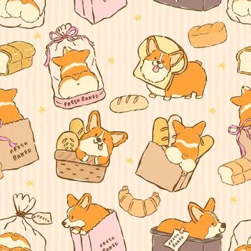 Corgi Sploot Butt Bread Loaf Seamless Pattern Kawaii Dog Bakery Doodle Whim.. 库存插图