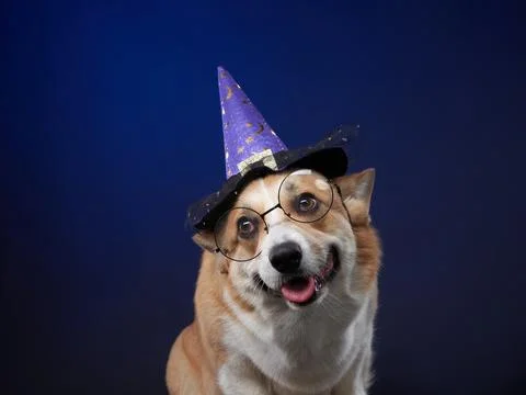 Corgi in Witch Hat on Blue Background Stock Photos