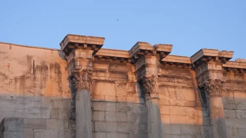Corinthian Columns and Marble Wall at Hadrians Library in Athens at Sunset Stock Footage 340922362