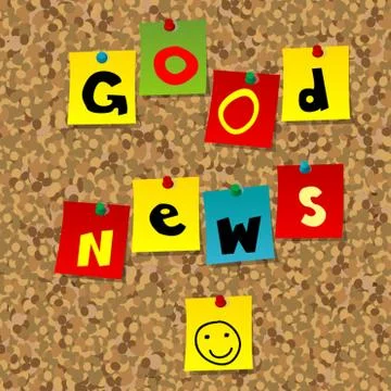 Cork board with multicolor notes and words Good news Stock Illustration