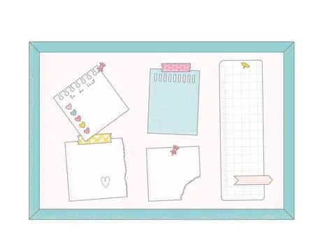 Cork board papers, to do list, notes, push pins, lights. Flat vector Stock Illustration